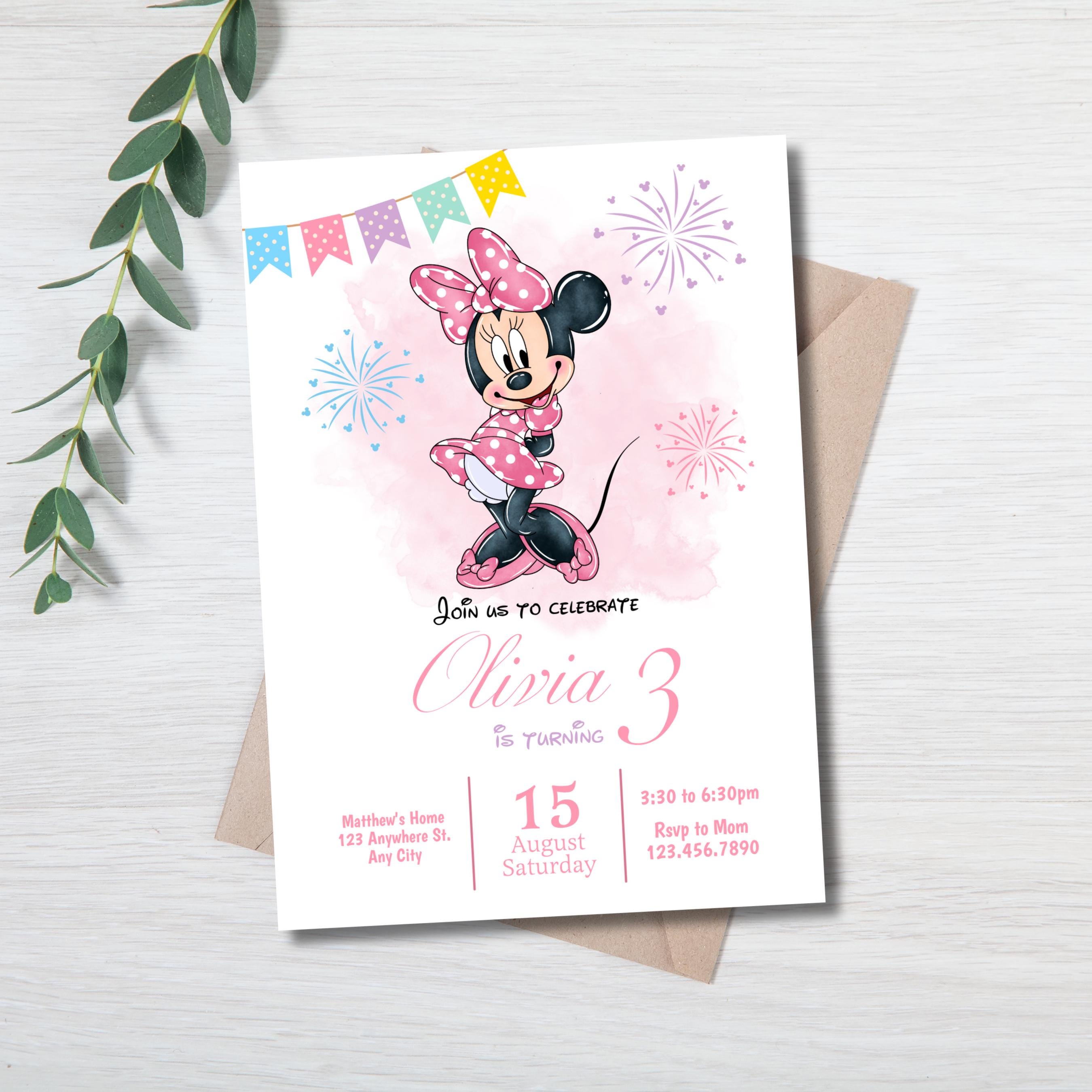 Pink Minnie Mouse Birthday Invitation, Editable Watercolor Birthday ...