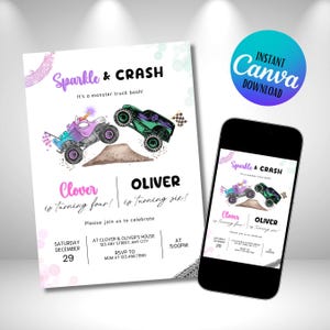 Girl & Boy Monster Truck Invitation • Joint Birthday Party • Editable Canva Template • Digital Download