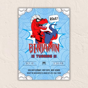 T-Rex- und Spidey-Geburtstagseinladung, bearbeitbare Superhelden-Partyeinladung, digitale Download-Vorlage für Kindergeburtstage