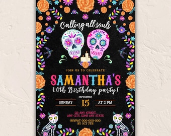 Invitation pour la Fête des Morts, modèle de crâne mexicain modifiable, téléchargement numérique, invitation pour une fête mexicaine