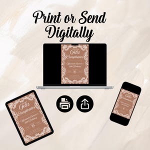 Peut inclure: Une invitation num&eacute;rique affich&eacute;e sur un ordinateur portable, une tablette et un smartphone. L'invitation pr&eacute;sente le texte "Feliz Cumplea&ntilde;os" et "Mariameta Camere's 50th Birthday" dans un cadre d&eacute;coratif. L'image comprend &eacute;galement des ic&ocirc;nes d'impression et de t&eacute;l&eacute;chargement.