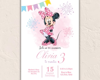 Pink Minnie Mouse Birthday Invitation, Editable Watercolor Birthday Invite, Digital Download, Minnie Girl Party