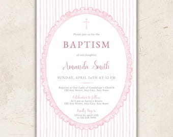 Pink Minimalist Christening Invitation • Baby Girl Baptism • Striped Religious Canva Template