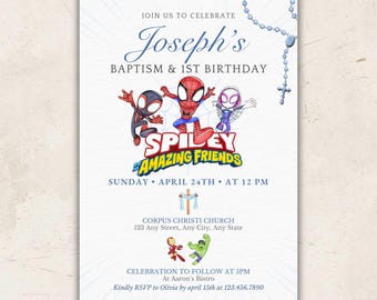 Boy Baptism & First Birthday Spidey and Friends Invitation • Editable Canva Template • Instant Access