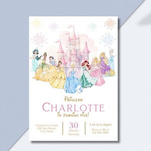 May include: A princess-themed birthday invitation featuring a pink castle and several princesses in colorful gowns. The invitation reads "Princess Charlotte is Turning Five!" with event details below. The design includes fireworks and a light blue background.