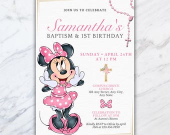 Pink Minnie Baptism Invitation • Watercolor Christening Girl • Minnie Mouse First Birthday Digital Template