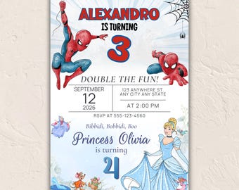 Cinderella and Spiderman Joint Birthday Invitation • Editable Digital Invite, Princess and Superhero Party Template