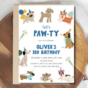 May include: A white birthday invitation card featuring colorful illustrations of various dog breeds wearing party hats. The text reads: let's PAW-TY join us to celebrate OLIVER'S 3RD BIRTHDAY SATURDAY | JUNE 28TH | AT 2 PM OLIVER'S HOUSE 123 ANY ST, ANY CITY, ANY STATE 12345 RSVP TO LIAM AT 555-456-7890.