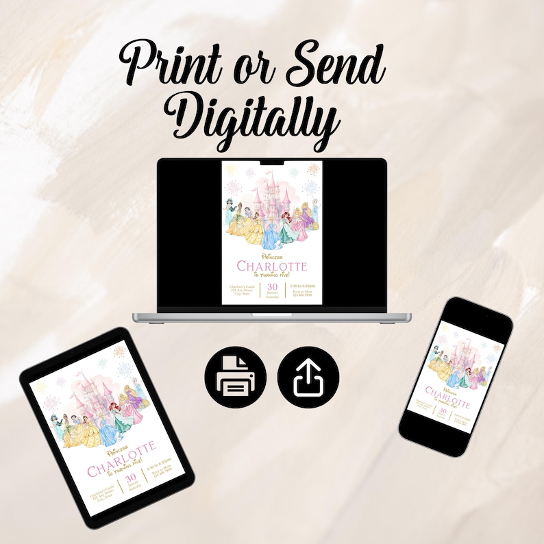May include: A digital invitation design featuring a princess theme, displayed on a laptop, tablet, and smartphone. The invitation includes the text "Princess Charlotte" and a castle illustration. The image also shows print and upload icons.