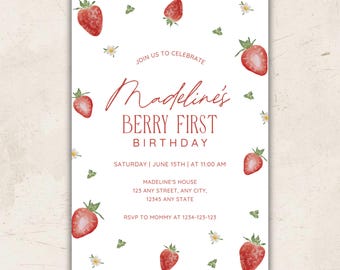 Modern Strawberry “Berry First” Birthday Invitation • Editable Berry Theme Party Template for Girls