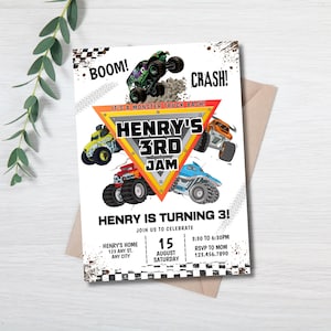 May include: A white invitation card with a monster truck theme. The card features illustrations of monster trucks, the text "HENRY'S 3RD JAM", and event details. The card is on a neutral background.