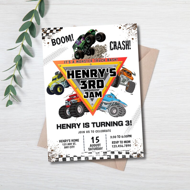 May include: A white invitation card with a monster truck theme. The card features illustrations of monster trucks, the text "HENRY'S 3RD JAM", and event details. The card is on a neutral background.