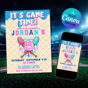 May include: A birthday invitation with the text "IT'S GAME TIME!" and "JORDAN'S 10 BIRTHDAY". The design features ice cream cones and baseball bats. A smartphone displays the same invitation. The invitation is available for instant download.