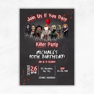 Puede incluir: Una invitación gris oscuro con el texto "Join Us If You Dare" y "Killer Party". Presenta ilustraciones de personajes de películas de terror y un globo rojo. La invitación es para el décimo cumpleaños de Michael el 26 de octubre.