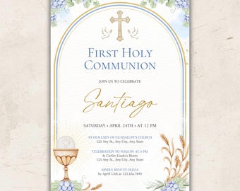 First Holy Communion Invitation • Elegant Blue Communion Invitation • Catholic Sacrament Editable Canva Template