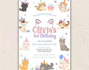 Kitty Cat Birthday Invitation • Editable Kitten Pawty Template • Are You Kitten Me Party Invite