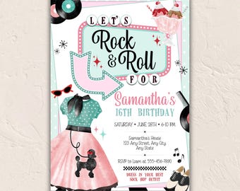 Sock Hop Pastel Watercolor Invite • Retro Diner, Rock and Roll (CANVA Template) • Modern 1950s Party Template for Birthdays