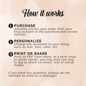 May include: An instructional graphic titled How it works with three numbered steps. Step 1: Purchase, access order from Etsy account. Step 2: Personalize, change text, font, color. Step 3: Print or share as PDF, PNG, or JPG. Includes a contact message.