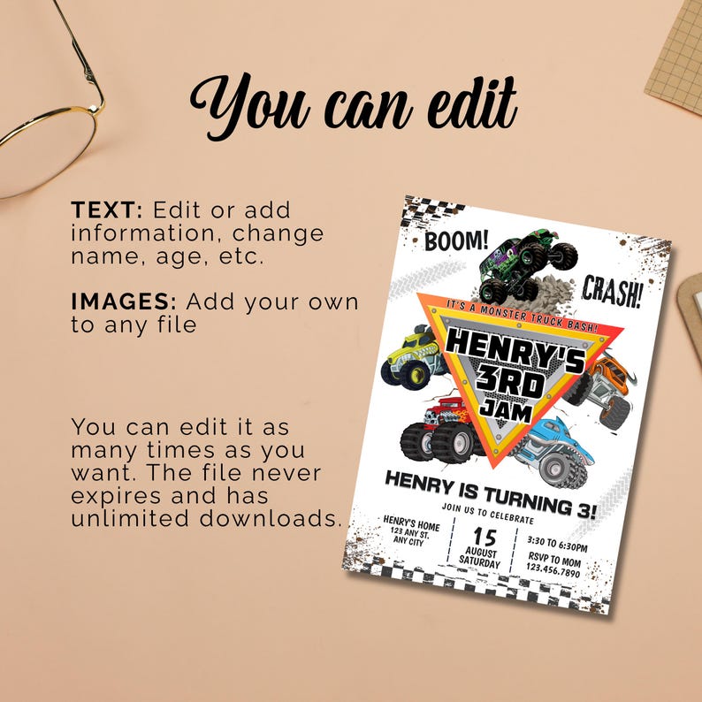 May include: A party invitation with a monster truck theme. The invitation features the text "Henry's 3rd Jam" with illustrations of monster trucks. The invitation also includes the text "Henry is turning 3!" and event details.