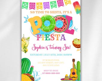 Invitation pour une fête à la piscine, thème Tacos et Tequila, personnalisable, anniversaire d'été, téléchargement instantané.