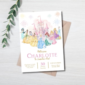May include: A white invitation card featuring a watercolor illustration of a pink castle and several princesses. The text reads "Princess Charlotte is Turning Five!" with event details below.