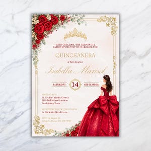 Puede incluir: Una tarjeta de invitación de Quinceañera con un borde de rosas rojas, una ilustración de corona dorada y una persona con un vestido de gala rojo. El texto dice: WITH GREAT JOY, THE HERNÁNDEZ FAMILY INVITE YOU TO CELEBRATE THE QUINCEAÑERA of their daughter Isabella Marisol SATURDAY 14 SEPTEMBER.
