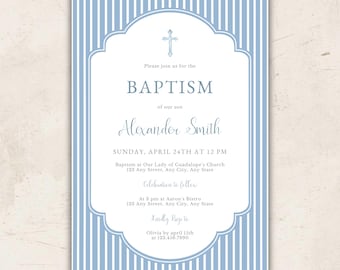 Blue Minimalist Christening Invitation • Baby Boy Baptism • Striped Religious Canva Template
