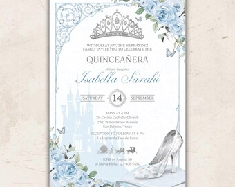 Cinderella Glass Slipper Sweet 16 & Quinceañera Invitation • Baby Blue Floral Princess Tiara Template • Editable DIY Card • Instant Download