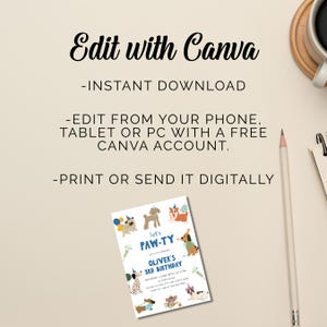 May include: A digital birthday invitation template featuring various dog breeds wearing party hats. The text reads: Edit with Canva, Instant Download, Edit from your phone, tablet or PC with a free Canva account, Print or send it digitally, let's PAW-TY, Oliver's 3rd Birthday.