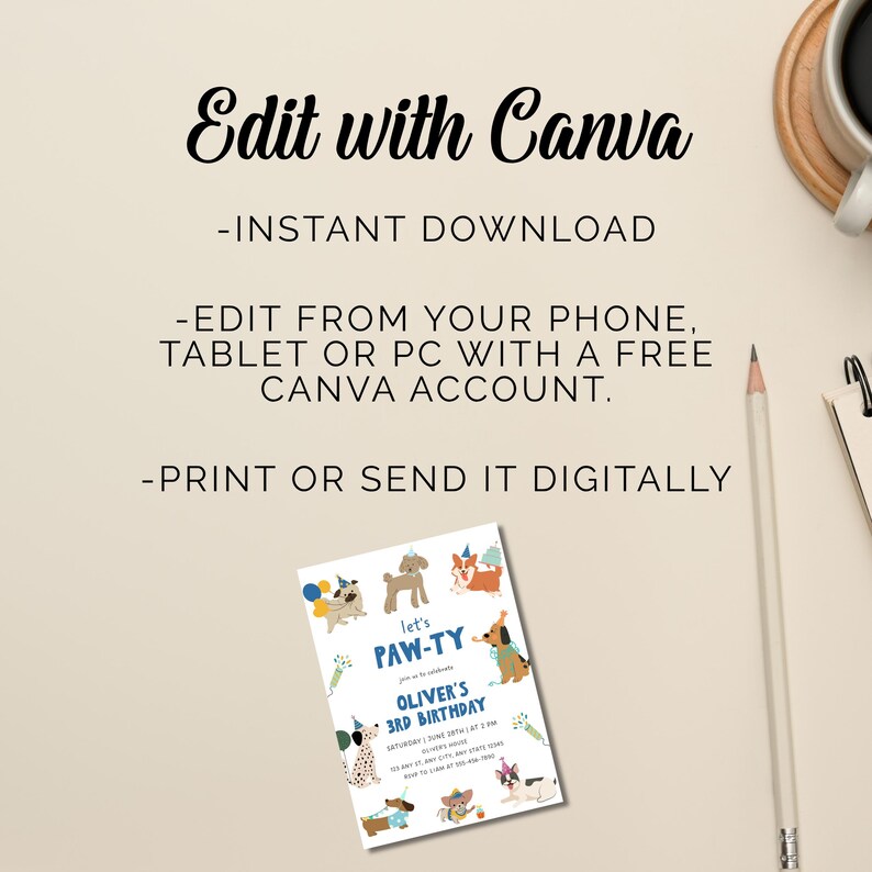 May include: A digital birthday invitation template featuring various dog breeds wearing party hats. The text reads: Edit with Canva, Instant Download, Edit from your phone, tablet or PC with a free Canva account, Print or send it digitally, let's PAW-TY, Oliver's 3rd Birthday.