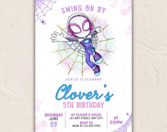 Ghost Spider Girl Birthday Invitation • Spidergirl & Gwen Stacy Editable Invite • Cute Ghosty Party Template