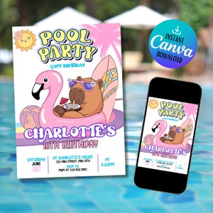 Invitation d'anniversaire Capybara, modèle d'invitation modifiable pour une fête à la piscine, jolie carte numérique d'été pour enfants
