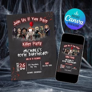 May include: A dark gray invitation for a "Killer Party" with the text "Join Us If You Dare." The invitation features illustrations of horror movie characters, a red balloon, and the text "MICHAEL'S 10TH BIRTHDAY!" with the date and time.