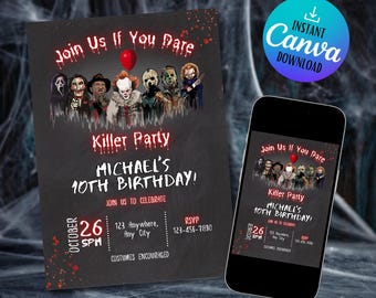 Killer Party Invitation, Editable Horror Birthday Template, Digital Download, Halloween Party Invite, Scary Movie Theme