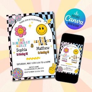Puede incluir: Una invitación de cumpleaños con un diseño retro. Presenta una flor con una carita sonriente, un símbolo de la paz y una bola de discoteca. El texto dice "The Birthday Girly" y "The Birthday Dude". Un smartphone muestra la misma invitación.