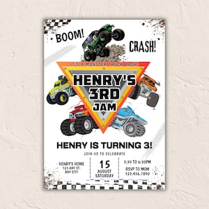 May include: A white invitation with a monster truck theme. The invitation reads "Henry's 3rd Jam" with illustrations of monster trucks in yellow, red, blue, and orange. The text "Henry is turning 3!" is also included.