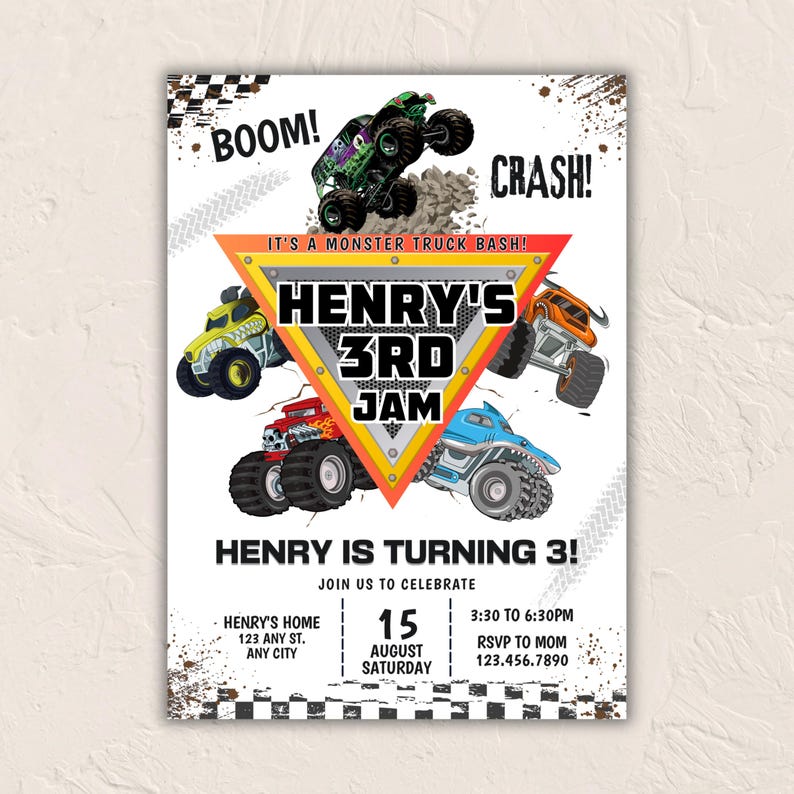 May include: A white invitation with a monster truck theme. The invitation reads "Henry's 3rd Jam" with illustrations of monster trucks in yellow, red, blue, and orange. The text "Henry is turning 3!" is also included.