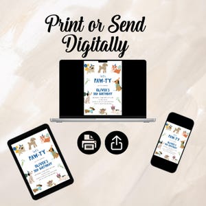May include: A digital birthday invitation template featuring various dog breeds wearing party hats, with the text "Let's PAW-TY" and "Oliver's 3rd Birthday" displayed on a laptop, a tablet, and a smartphone screen, accompanied by printer and upload icons.