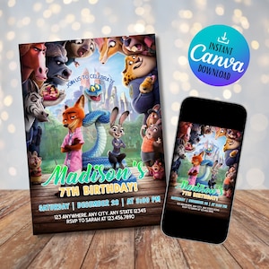 Puede incluir: Una invitación de fiesta de cumpleaños con personajes de una película animada popular. La invitación incluye el texto "¡7º Cumpleaños de Madison!" con detalles del evento. Un smartphone muestra el mismo diseño. Descarga instantánea de Canva.