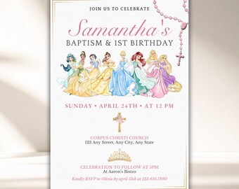 Princess Baptism & First Birthday Invitation • Watercolor Girl Christening • Canva Digital Template