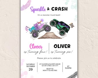 Girl & Boy Monster Truck Invitation • Joint Birthday Party • Editable Canva Template • Digital Download