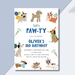 May include: A birthday invitation card featuring various illustrated dogs wearing party hats. The text reads: let's PAW-TY join us to celebrate OLIVER'S 3RD BIRTHDAY SATURDAY | JUNE 28TH | AT 2 PM OLIVER'S HOUSE 123 ANY ST, ANY CITY, ANY STATE 12345 RSVP TO LIAM AT 555-456-7890.