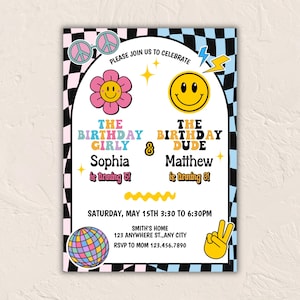 Joint Checker Birthday Invite, Editable Sibling Celebration, Retro Double Birthday, Fun Kids Party Template