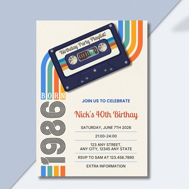 1986年生まれの40歳の誕生日招待状、楽しい80年代テーマの誕生日、編集可能なCanvaテンプレート 画像 5