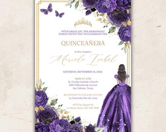 Quinceañera Invitations • Dark Purple Editable Canva Template • Digital Download for Sweet 16 Celebration