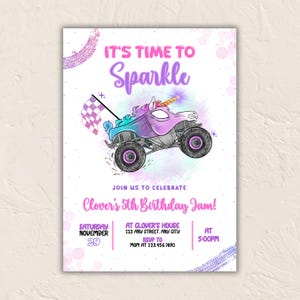 Unicorn Monster Truck Birthday Invitation: Girls Race Car Party (Canva Template, Digital Download)