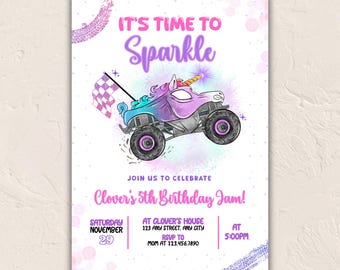 Unicorn Monster Truck Birthday Invitation: Girls Race Car Party (Canva Template, Digital Download)