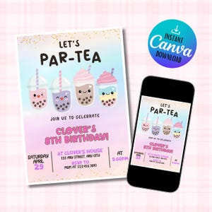 Boba Tea Invitation, Editable Birthday Party Template, Digital Download, Cute Bubble Tea Design for Kids