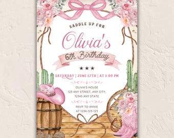 Pink Cowgirl Birthday Invitation • Saddle Up Party, Western Girl Invite • Editable Rodeo & Cactus Theme • Cowgirl Boots Printable