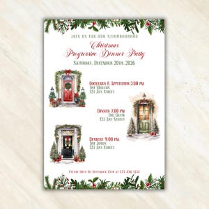Progressive Dinner Invitation Template • Christmas Potluck • Holiday Round Robin Party • Neighborhood Dinner • Editable Canva Invite
